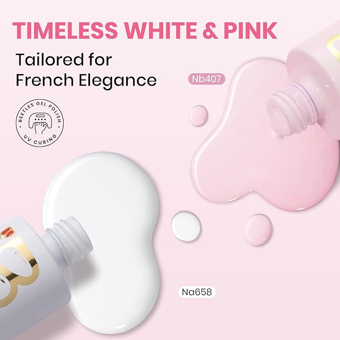 Beetles French Tip Gel Polish - Blush Moonlight 15ML with French Tip Stickers, Hema Free White Light Pink Gel Nail Polish, Same Color Bottle, Soak Off UV LED Lamp French Nails Art for Spring Nails