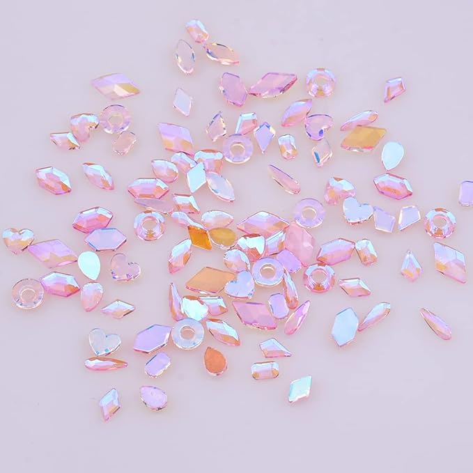 100pcs Pink Aurora Nail Rhinestones 10 Shapes Mix Flatback Heart Circle Gems for Nail Art 3D Design Manicure Beauty Crystals Accessory Supplies