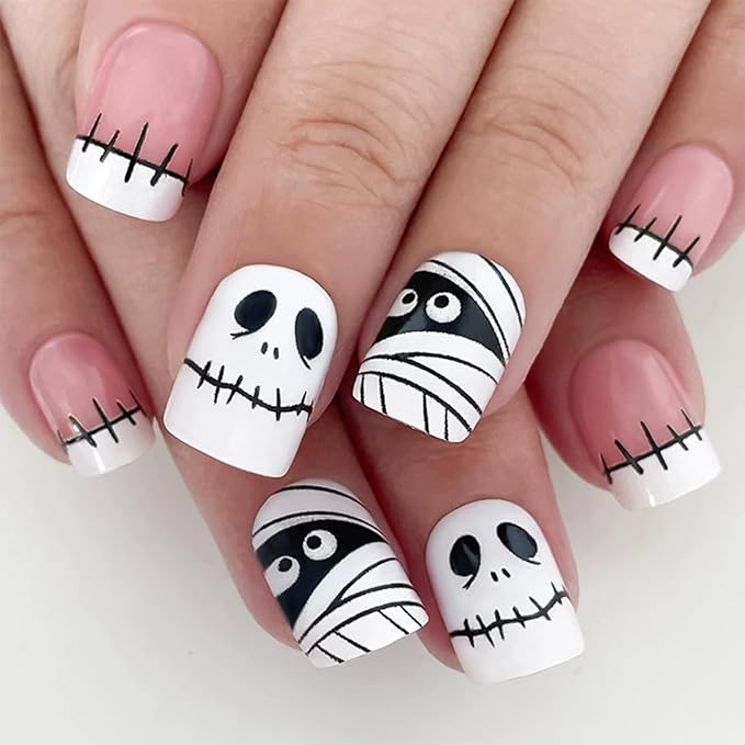 6 Packs (144 Pcs) Halloween Press on Nails Short Square Fake Nails with Designs Pumpkin Ghost Spider Glue on Nails Full Cover Glossy Acrylic Stick on Nail for Women Girls Manicure
