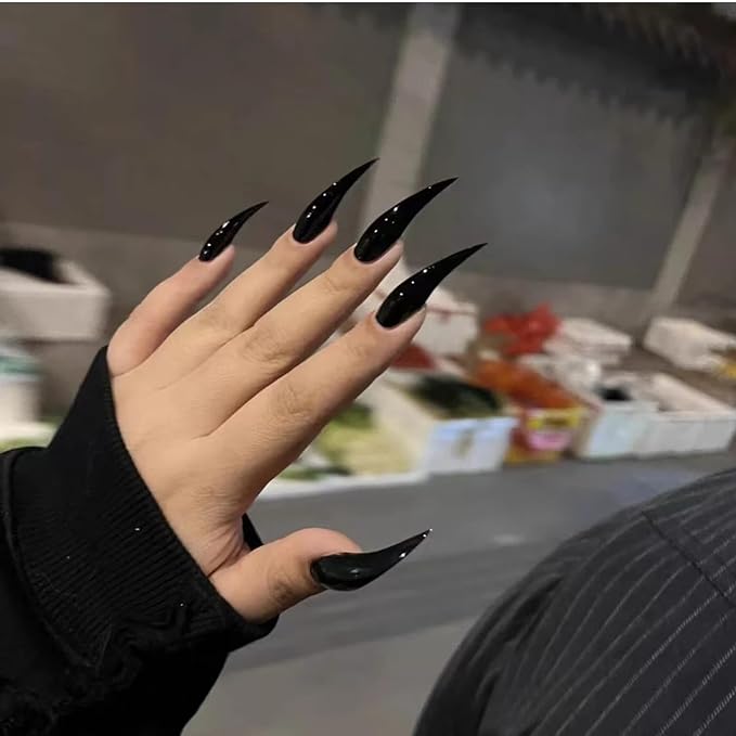 Halloween Press on Nails Long Curved Stiletto Handmade Black Design Stick on Nails Horror Vampire Fake Nails Dragon Cat Claw Press on Nails Glossy Acrylic Glue on Nail Thick (XS,Black Glossy Finish)
