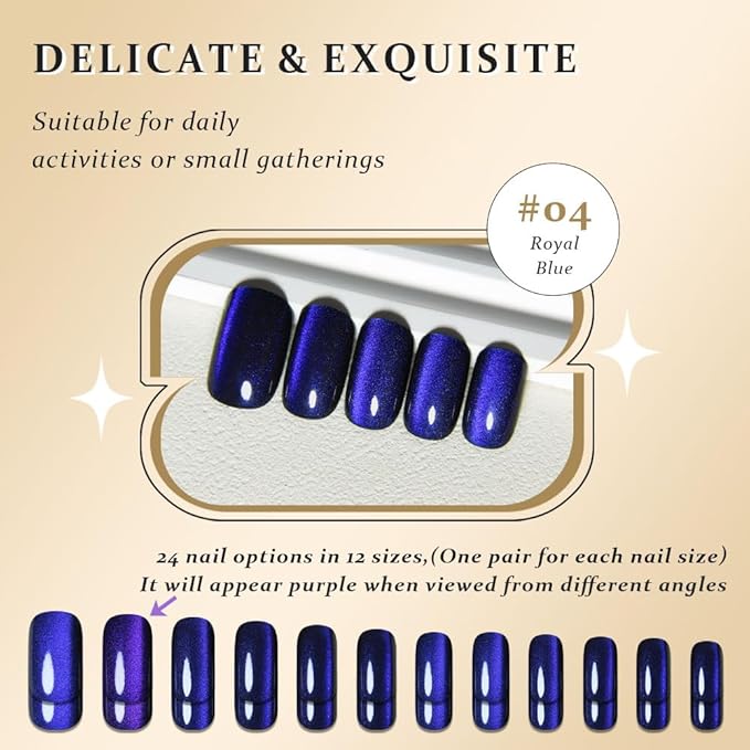 Cat Eye Royal Blue Press On Nails Medium Long Length Square, Designer Reusable Acrylic Fake Nail with Glue, Glossy Gel Nails Wedding Party, Stick On Glue On Nail, Nails Press Ons for Women