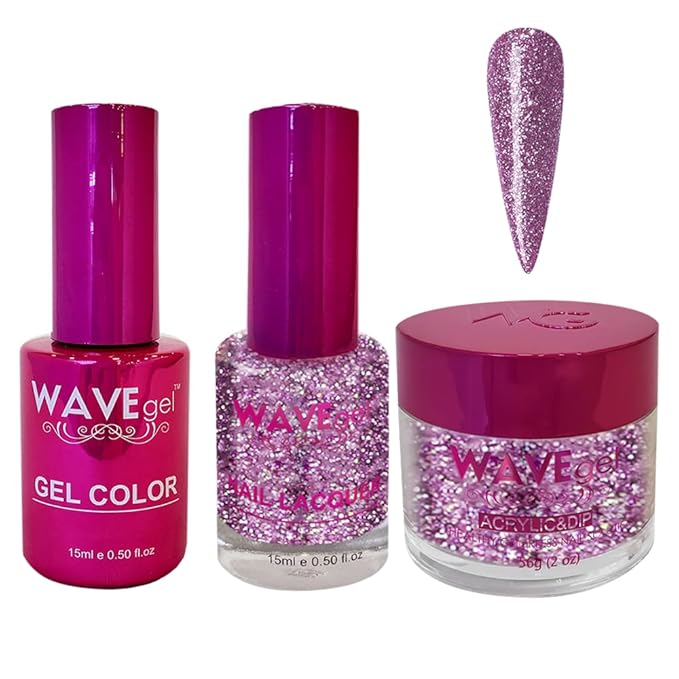 WAVEGEL Soak-Off Gel, Nail Lacquer & Acrylic/Dip Powder Matching Set - Princess Collection - #119 Primerose Glitter