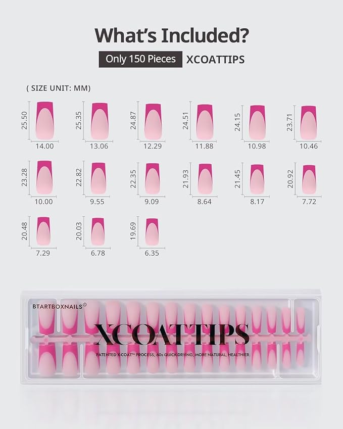 BTArtboxnails XCOATTIPS Pink French Tip Press On Nails - Long Press On Nails Square, Soft Gel Nail Tips, 150Pcs Soak Off Acrylic Pink Fake Nail Extension in 15 Sizes