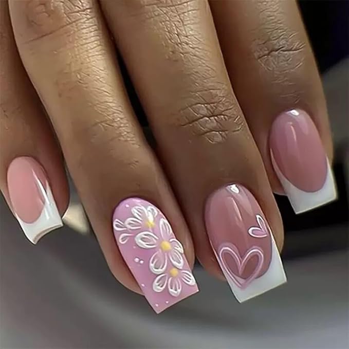 Press on Nails Square - Medium Fake Nails with Flower Heart Design - White French Tip False Nails Press ons - for Women 24 Pcs