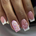 Press on Nails Square - Medium Fake Nails with Flower Heart Design - White French Tip False Nails Press ons - for Women 24 Pcs