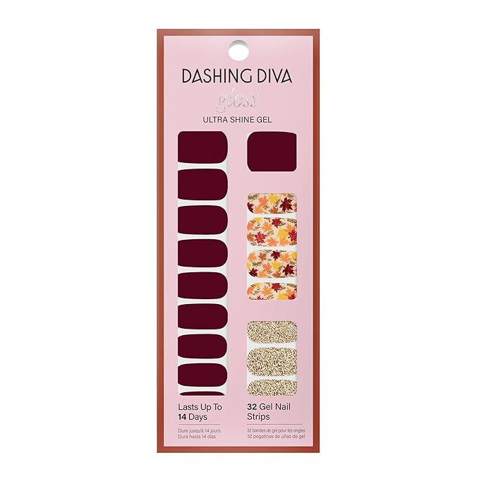 Dashing Diva Gloss Nail Strips - Fallen Leaves - UV Free, Chip Resistant, Long Lasting Gel Nail Stickers - 3-Piece Manicure Set - Contains 32 Wraps, 1 Prep Pad, 1 File