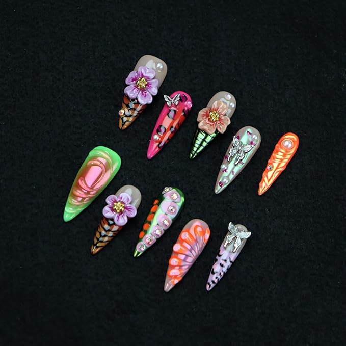 3D Floral Butterfly Press on Nails Long Stiletto Fake Nails Pure Hand-Painted Nail Animal Print with Design Coloful Stick on Nail Exquisite False Nail for Women Spring Manicure (L)
