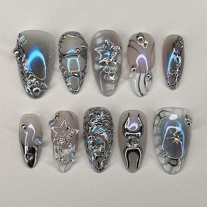 Silver Chrome Press on Nails Medium Almond Fake Nails Blue Nails Press ons with Liquid Metal Swirl,Star Design Full Cover Stick on Nails for Women Manicure,Reusable | Glue Tabs | Easy Apply | 24Pcs