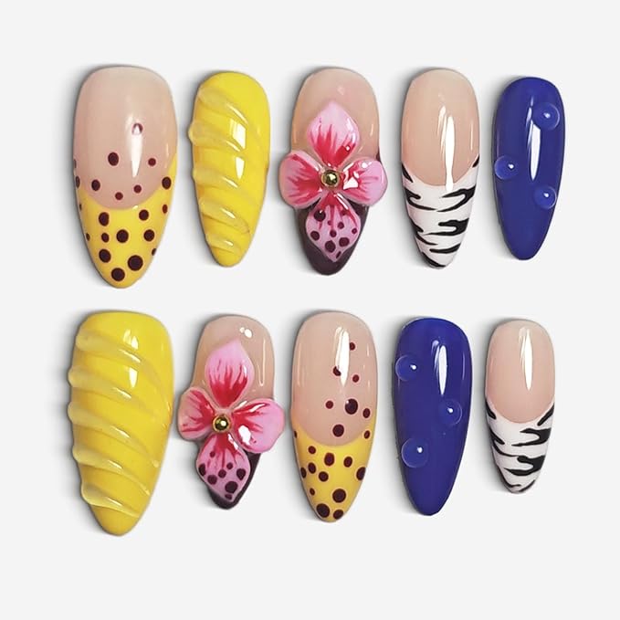 Handmade Acrylic Press On Nails Almond, 3D Press On Nails Medium, Yellow French Tip Nails 3D Flower Bee With Bubble For Women Gift, Reusable Stick On Fake Nails Kit With Nail Glue(Bee's Garden-S)