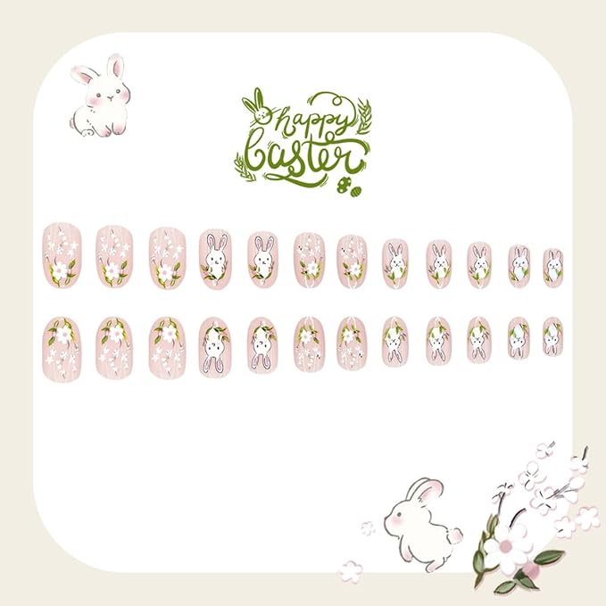 Cute Rabbit Easter Press on Nails - Medium Oval Fake Nails with Spring Flower Designs Pink False Nails Press ons Reusable Full Cover Stick on Nails Easter Nails for Women Manicure 24Pcs