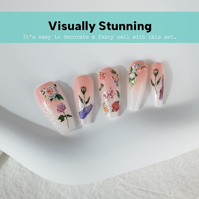 Embossed Flower Nail Art Stickers, Vintage Rose Floral Nail Decals Design, Self-Adhesive, Nail Accessories & Supplies 3 Sheets