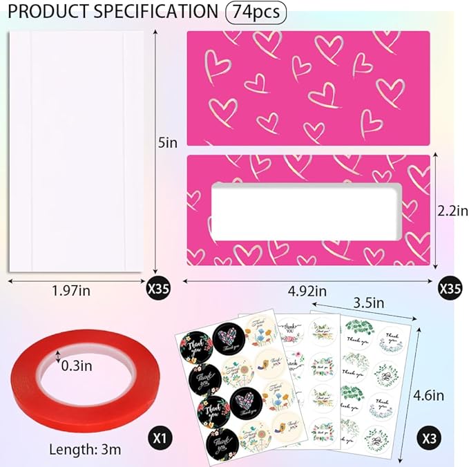 74PCS Press on Nails Packaging Box Set Includes 35PCS Empty Nail Package Box 35PCS White Background Paper 1 Double Sided Tape and 3 Thank You Stickers for Press on Nail Business