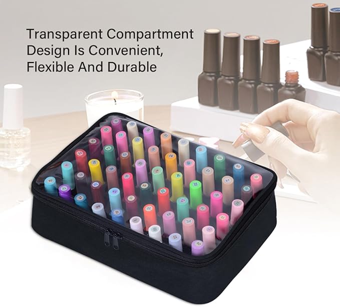 Small Clear Nail Polish Organizer Case Holds 54 Bottles(15ml-0.5fl.oz) Multifunctional Nail Polish Bag, Cosmetic Travel Makeup Bags for Women, Black