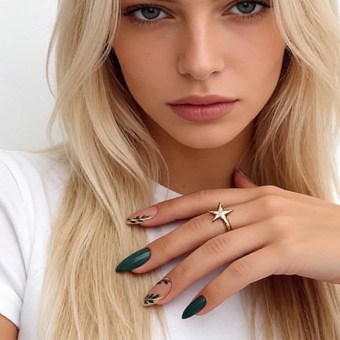 Green Press on Nails - Medium Almond Fake Nails - with Designs Leaf False Nails Press ons - Glue on Nails St Patricks Day Nails Acrylic Stick on Nail for Women 24 Pcs
