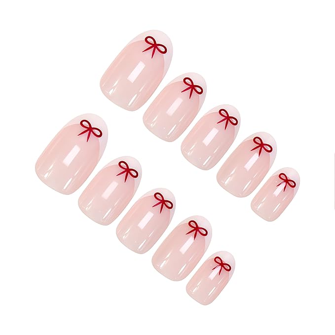 White French Tip Press On Nails Almond Short Fake Nails with Red Bow Design False Nails Valentines Day Bow Full Cover Acrylic Artificial Nails Press Ons Glue Stick On Nail for Women DIY Manicure 24PCS