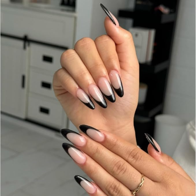Lamemoria 240pcs Pre-Design Basic Black UV Gel French Nail Tips, Medium Long French Tip Press On Nails Almond, Nude Pink Base Salon Fake Nails Set Kit With Glue/Tabs