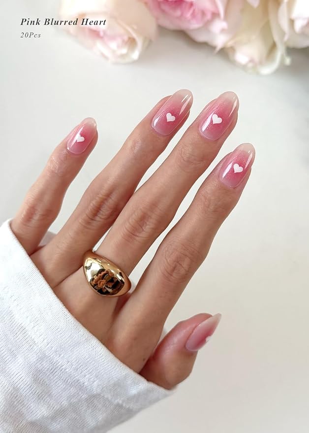 Semi Cured Gel Nail Strips (Pink Blurred Heart), Valentine's Day, 20 Pcs Gel Nail Wraps, Stickers, Salon Quality, Works with Any UV Lamps