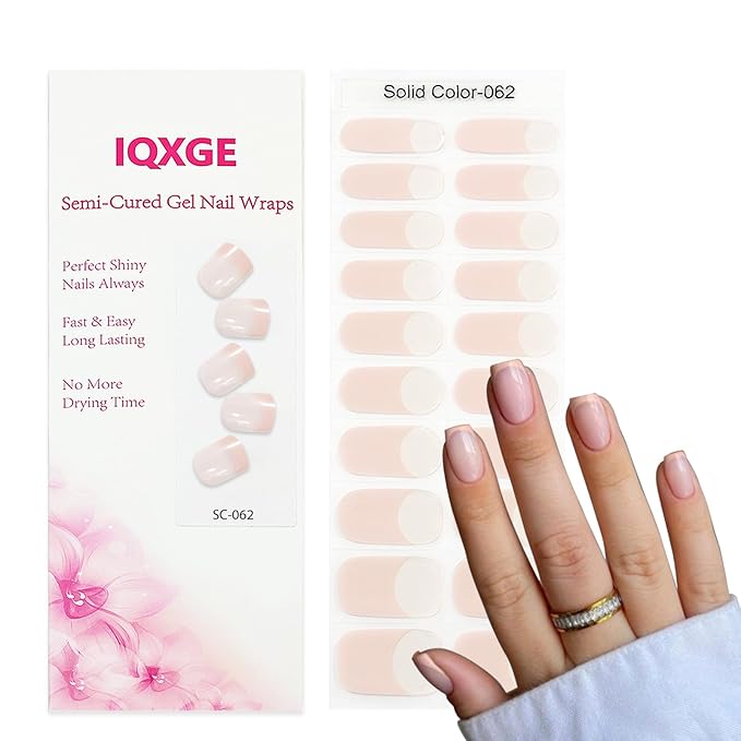 Clear Semi Cured Gel Nail Strips French Tip 20Pcs Nude UV Gel Nail Stickers Glossy Nails Polish Strips UV/LED Light Needed Self Adhesive Full Polish Nails Wraps for Women