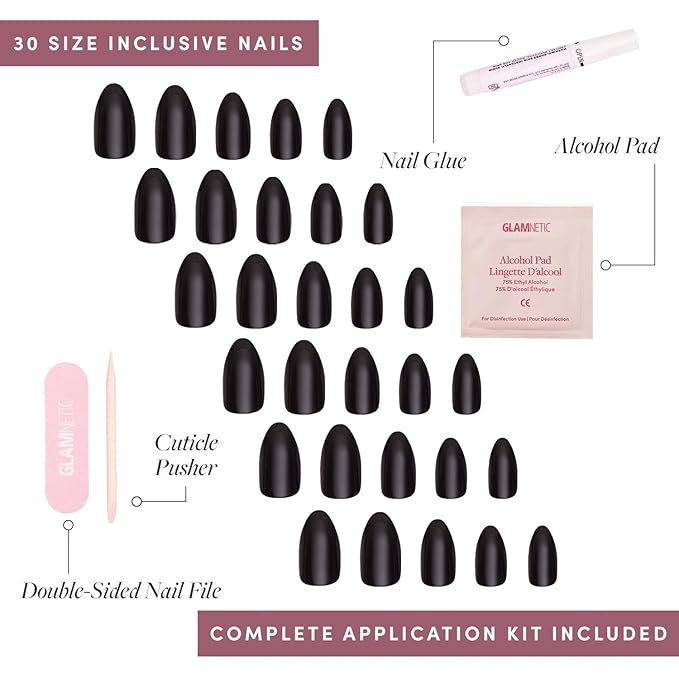 Glamnetic Press On Nails & Brush On Nail Glue Bundle - Boba | Opaque Black Short Almond Nails, Reusable | 12 Sizes - 24 Nail Kit