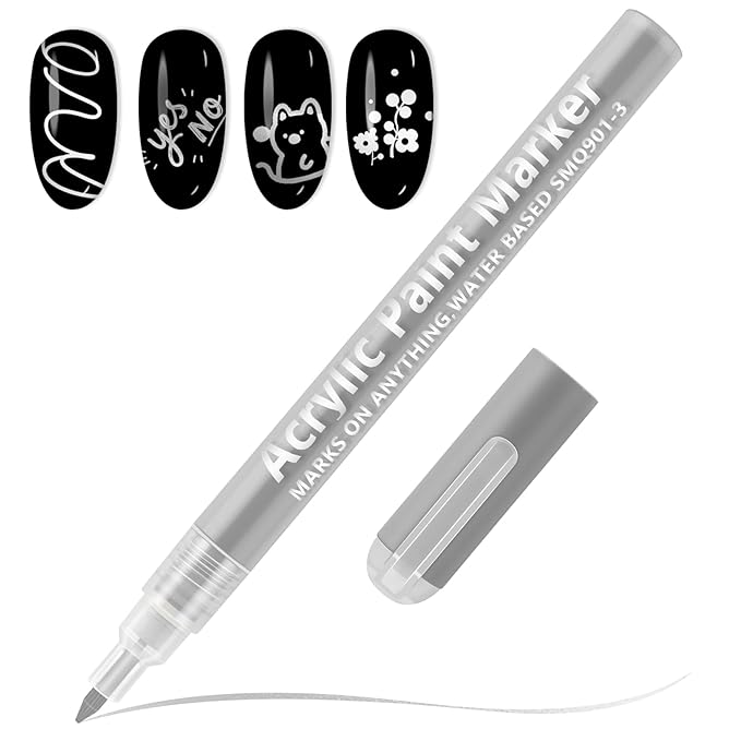 EBANKU 1Pc Nail Art Pens Quick-Drying, 3D 0.7MM Acrylic Paint Pens Nail Polish Pen Nail Art Markers Nail Point Dotting Liner Pen Tools for Home & Salon Nail DIY(Silver)