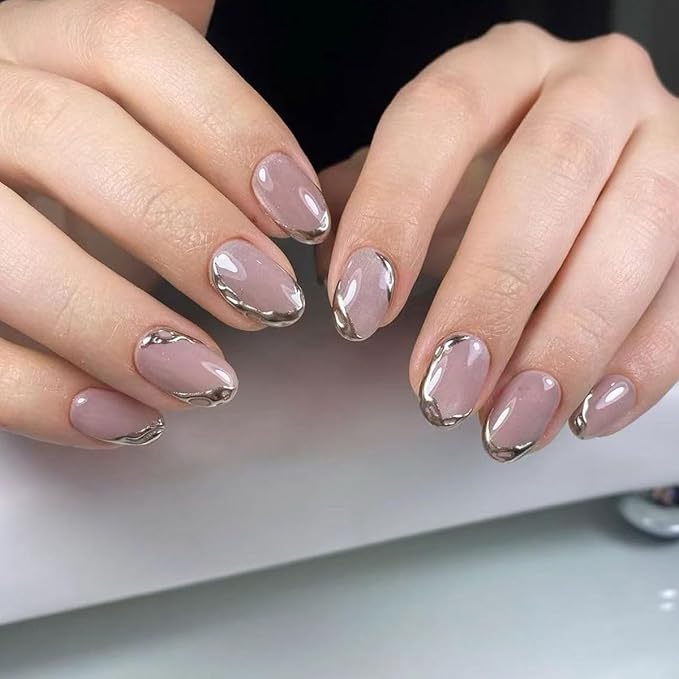 Oval Press on Nails Short Fake Nails Pink Cat Eye Nails Press ons with Silver Chrome Edge Design,Reusable & Easy Apply Full Cover Stick on Nails for Women Manicure 24Pcs