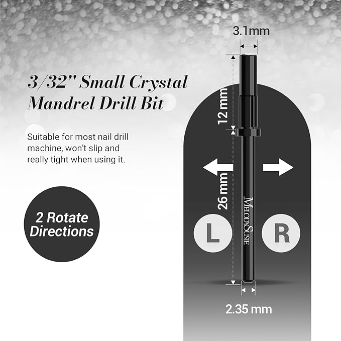 MelodySusie Small Crystal Top 3.1mm Mandrel Bit for Nails, 3/32'' Easy Off Nail Drill Bits for Sanding Bands, Suitable for Acrylic Nails Gel Manicures and Pedicures, Black