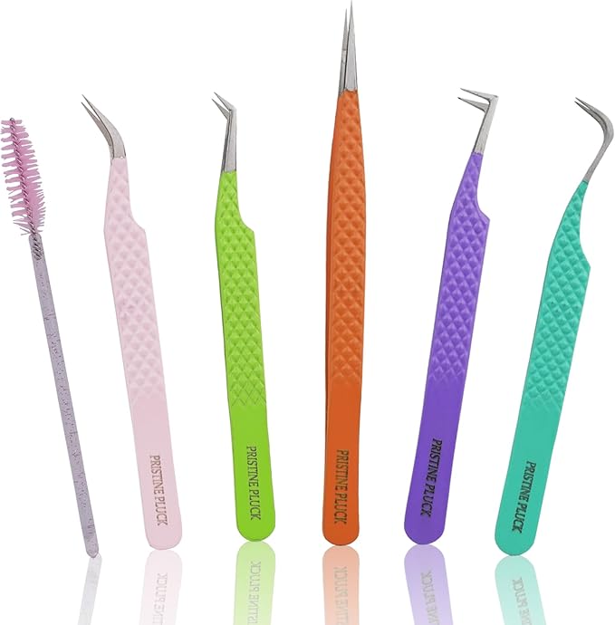 5-Piece Eyelash Extension Tweezers Set Precision Lash Tweezers with Anti-Slip Grip with fiber tip lash tweezers Tools for Lash Artists & eyelash tweezers for women (eyelash set multy)