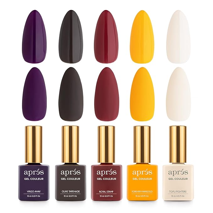 APRÉS Gel Couleur Combo Set, 5 Color Gel Nail Polish, Bright Nude Pastel Colors with Brush-X Nail Art Brush, 2024 Edition (Set 17)