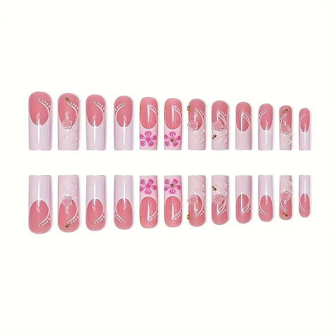 Press on Nails Coffin Long Length Acrylic Glossy Full Cover Square Shaped French False Nails with Designs Artificial Extra Long Fake Nails with Charms Glue ons Fingernails for Women(XXS221)