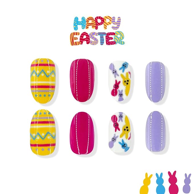 Easter Press on Nails - Medium Oval Fake Nails with Cute Rabbit | Colorful Easter Egg Designs False Nails Press ons Reusable Full Cover Stick on Nails Easter Nails for Women Manicure 24Pcs