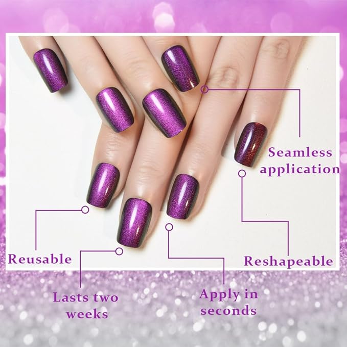 evpct Purple Cat Eye Press on Nails Short Square, Short Square Stick on Fake Nails for Women Gift, Dark Purple Metallic Glitter Glossy Reusable Soft Gel Stick Press on Acrylic False Nail with Designs