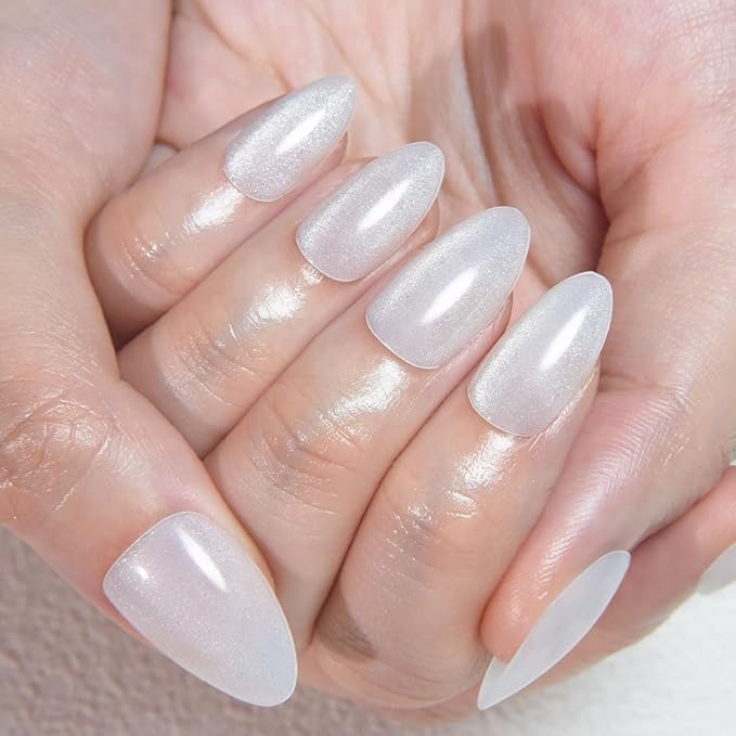 evpct Cat Eye Press on Nails Almond Short, Cat Eye Stick on Nails Press on, Pearl White Glitter Short Almond Press Stick on Nails, Fake Nails Press ons with Kits, 30Pcs Reusable Acrylic Fake Nails Kit