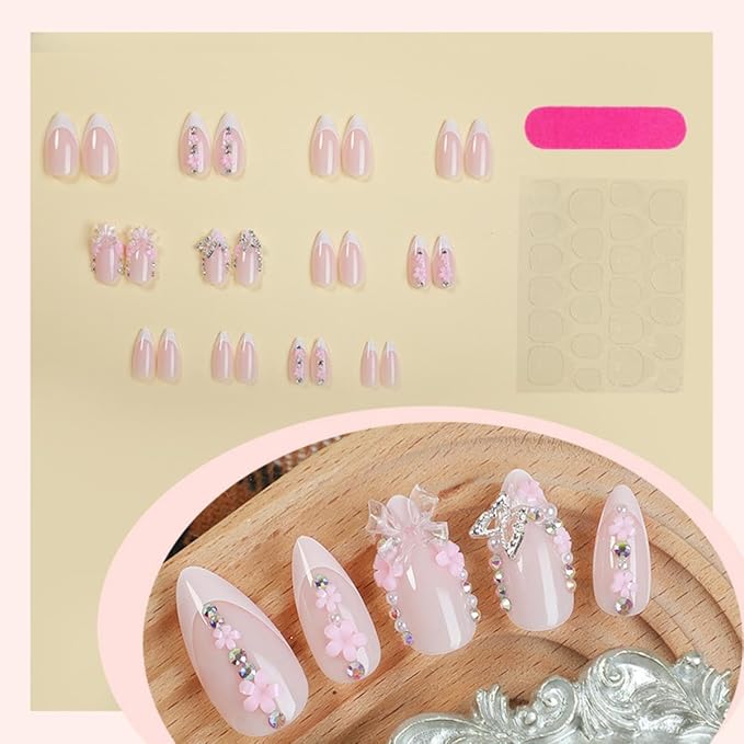 French tips Press on Nails - Medium Almond Fake Nails - Flower Design Pink Bow Glue on Nail - Butterfly Charm False Nails Reusable Glossy Spring Nail for Women Manicure 24pcs