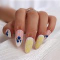 evpct French Tip Press on Nails Medium Almond, Nude Pink + White Tips, Artificial 3D Fake Nails Kit with Lemon Blueberry Designs, Stick on Nails with Nail Kit, 24Pcs Reusable Stick on Nail Kit Women