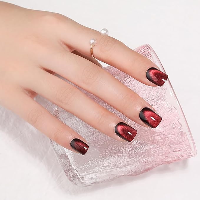 Red Press on Nails Short Square, Cat Eye Press on Nails, Fashion Gel Fake Nails, Reusable Acrylic Fake Nails, Glossy Stick on Nails for Women Girls Gift, Glue on Nails Kit, Obsidian Flame