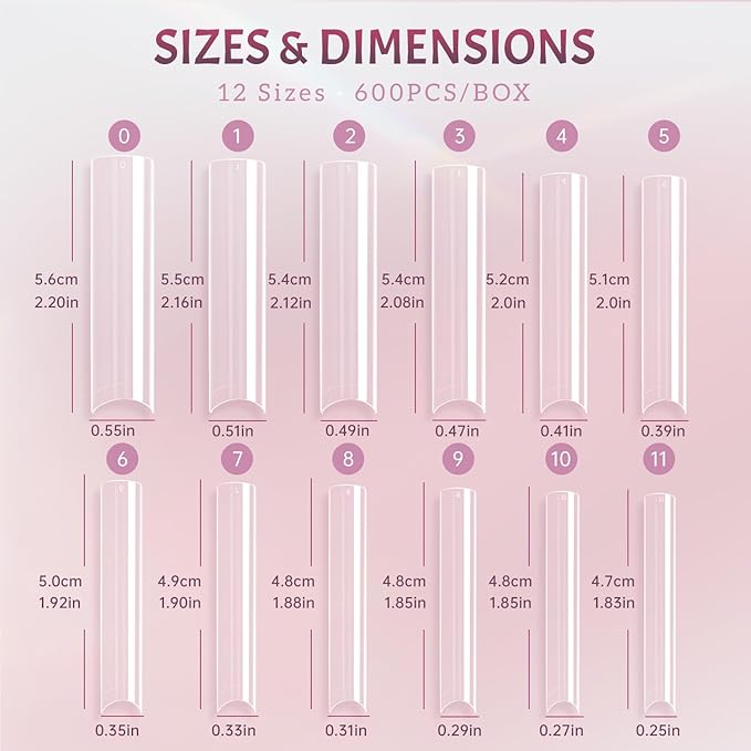 Ranrose 600PCS Clear Extra Long Nail Tips for Acrylic Nails Professional, No C Curve Gel Tips 12 Size XXXL Pre-shaped Half Cover Fake Nail for Press On Nail Extensions