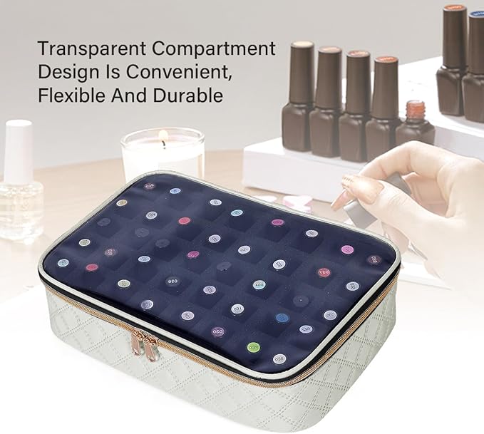Nail Polish Bag organizer-Holds 40 bottles(15ml-0.5fl.oz)，Nail Polish Carrying Case Clear Multifunctional Cosmetic Travel Cases Makeup Bags Beige