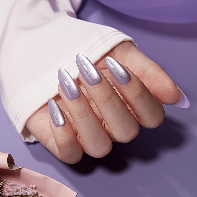 VSALON Press on Nails Medium Almond, Purple Holographic Cat Eye Glossy Jelly Chrome Fake Nails, Reusable False Nails with Nail Glue, Protector Cuticle Oil, Tabs & Nail File-32 PCS in 16 Sizes