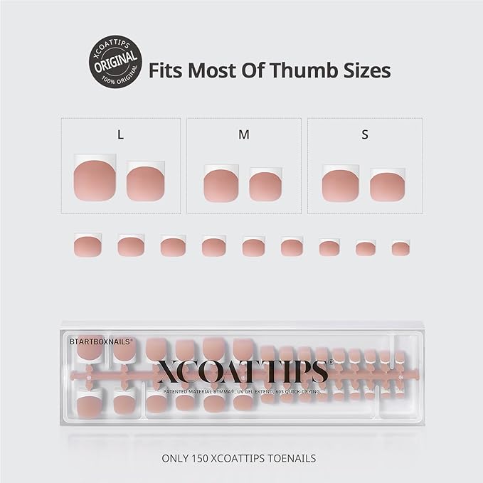 BTArtboxnails XCOATTIPS Toe Nail Tips - Lamp-Curable Sharp Square Brown Press On Toenails for Women, 150 Soak Off French Tip Toe Nail Extensions in 15 Sizes, Builder Gel & Top Coat Required