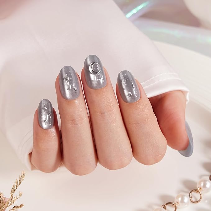 VSALON Press on Nails Short Oval, Silver Gray Cat Eye Star & Moon Chrome Glossy 3D Art Glue On Nails, Opaque Salon Quality Valentine Fake Nails Kit - 32 PCS Nails in 16 Sizes with Glue & Cuticle Oil