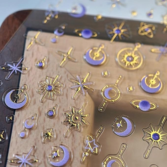 Star Moon Nail Stickers 5D Embossed Purple Moon Nail Decals 3D Self-Adhesive Gold Star Nail Supplies Sun Nails Designs Sky Universe Nails Decoration for Women Manicure 1 Sheet