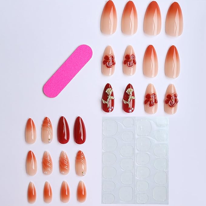 Ombre Press on Nails Medium Almond MABKJLF 3D Fake Nails Red False Nails with Flower Gold Rose Charms Rhinestones Pearls Designs Glossy Glue on Nail Acrylic Nails for Women Girls 24Pcs