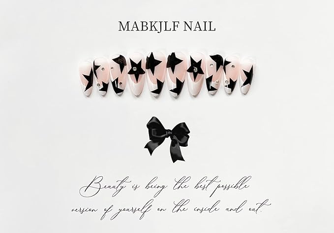 Press On Nails Medium Almond French Tip Fake Nails Full Cover False Nails with Black Stars Designs Y2K Press On Nails Glossy Acrylic Rhinestones Artificial Nails for Women Girls 24 Pcs