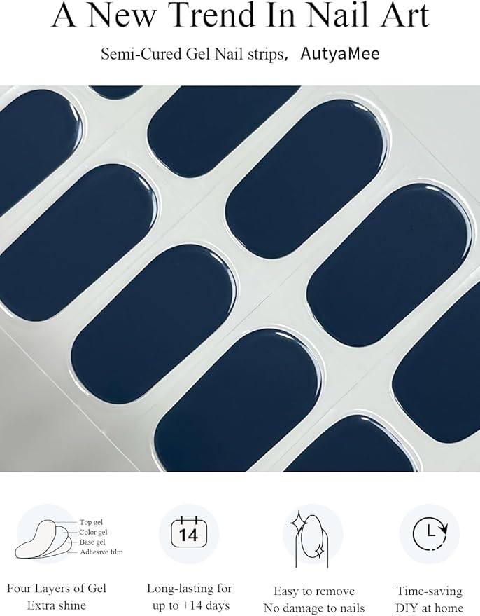 Semi Cured Gel Nail Strips (Navy Blue), Solid, 20 Pcs Gel Nail Wraps, Stickers, Salon Quality, Works with Any UV Lamps