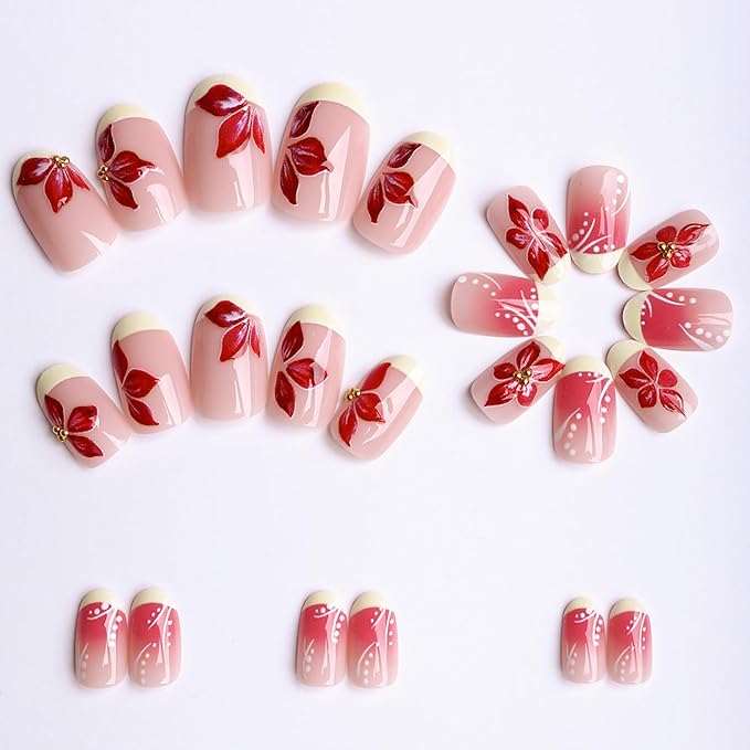 Press on Nails Short Oval MABKJLF Yellow French Tip Fake Nails Flower False Nails with Plumeria Floral Designs Ombre Glossy Glue on Nail Spring Summer Acrylic Nails for Women Girls 24Pcs