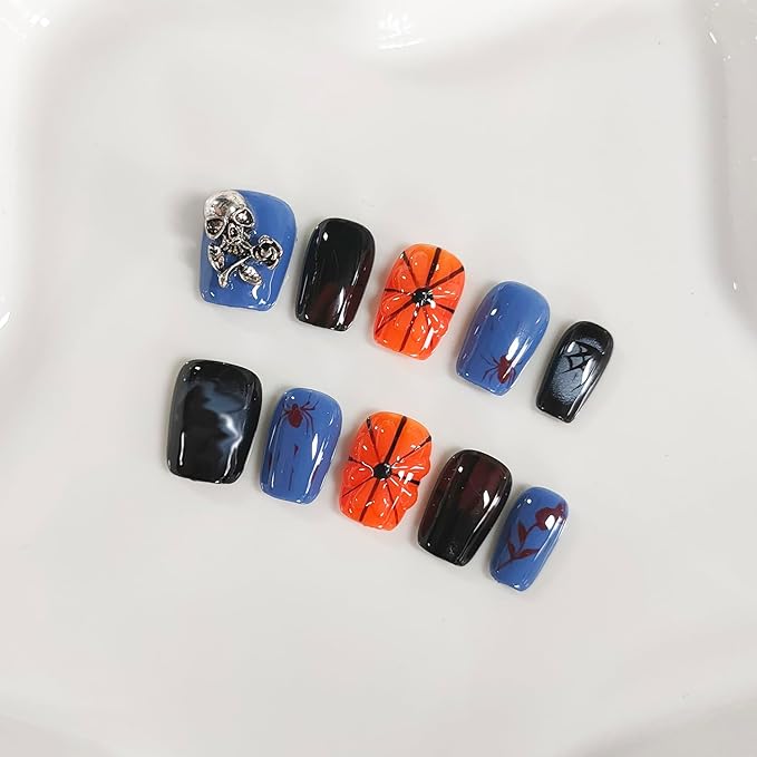 Halloween Press on Nails Short Square Handmade Acrylic Nails 3D Thick Fake Nails with Pumpkin Spider Web Skull Designs Gothic Sturdy Art False Press on Nail 10Pcs(S)