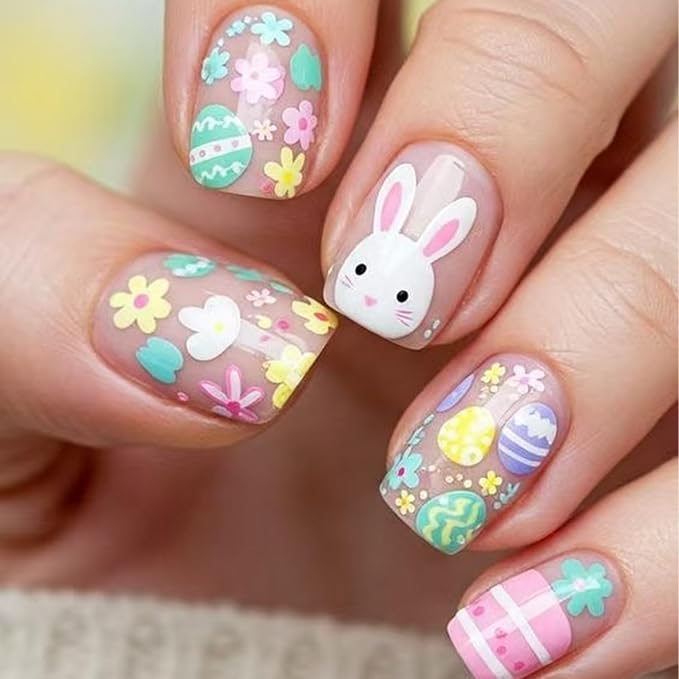 24 Pcs Easter Press on Nails Short Square Fake Nails with Easter Egg Designs Cute Bunny Acrylic Nail Colorful Flower Stick on Nails Full Cover Holiday Nail for Women Manicuare Art