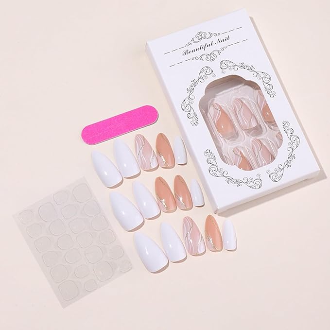 Almond Press on Nails Medium - Fall Fake Nails with Gold Line Design - White Full Cover Stick on False Nails - for Women 24 Pcs