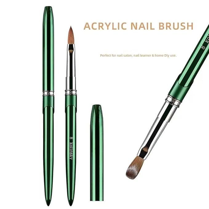 Nail Art Brushes Acrylic Nail Brushes Pure Kolinsky Hair Acrylic Crystal Chrome Green Handle with Silver Ferrule Round Shaped for Women Girls Manicure Tools Accessories- Size 8