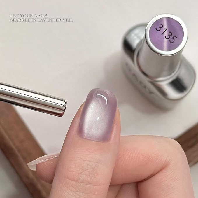 GAOY Jelly Purple Cat Eye Gel Nail Polish, 16ml Glitter Holographic Nail Polish with Magnet, Reflective Translucent UV Gel, 3135 Lavender Veil